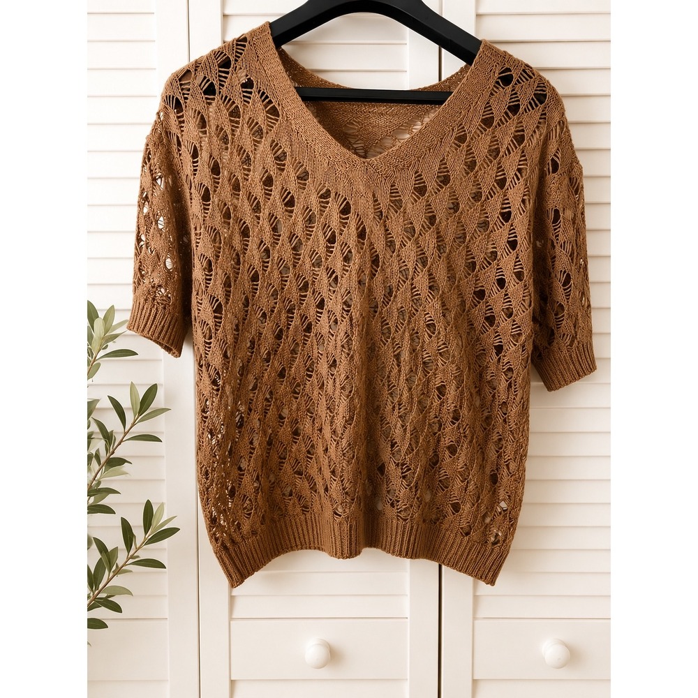 Unbranded Brown Open Knit V-Neck Short Sleeve Sweater Top XXL Boho Pointelle